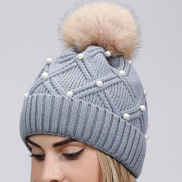 2/$30 Grey Stylish Knit Beanie with Faux Fur Pom-Pom & Pearl Embellishments - Picture 5 of 5